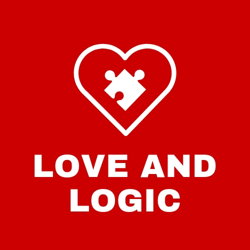 Red Square with puzzle piece inside a heart with text that says love and logic