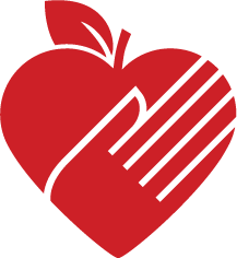An icon graphic depicting an apple in the shape of a heart with a hand imprint etched into it, representative of the food and nutrition efforts of NC State Extension.