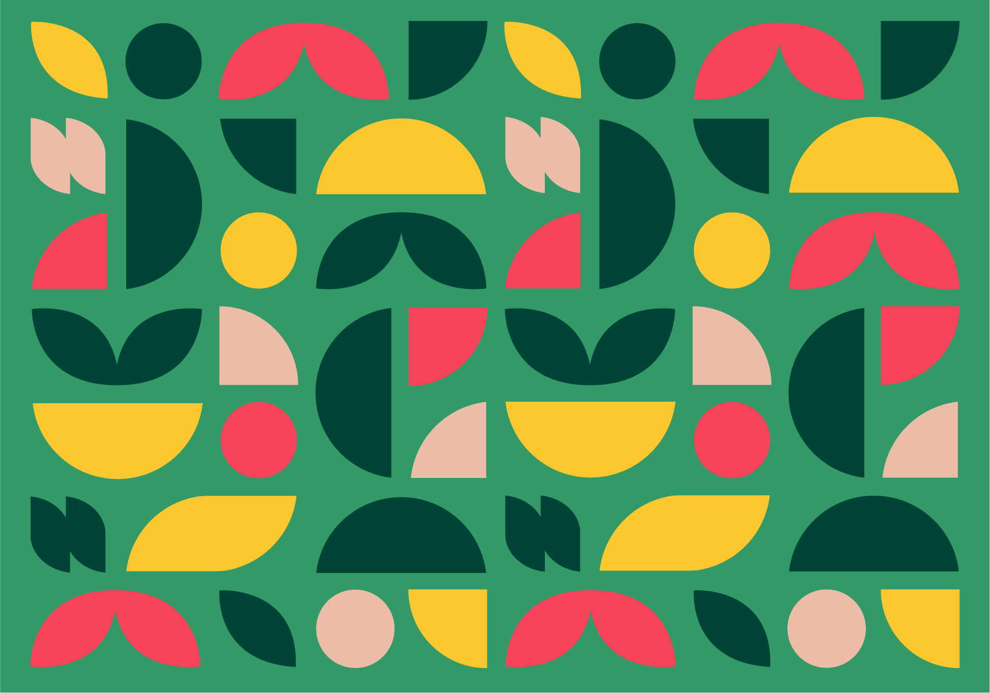 Main 4-H pattern on a green background featuring repeated geometric shapes such as semicircles, leaves, circles, and curved forms in official 4-H colors: Sunflower, Tomato, Kale, and Cherry Blossom.