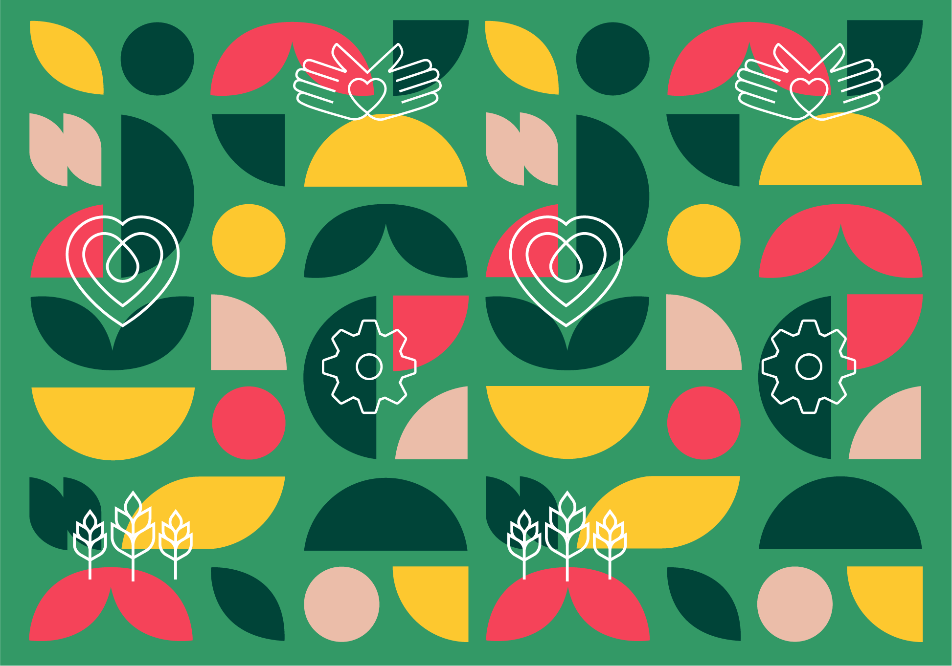 Main 4-H pattern on a green background with added Serve, Grow, Thrive, and Make icons placed among geometric shapes in official 4-H colors: Sunflower, Tomato, Kale, and Cherry Blossom.