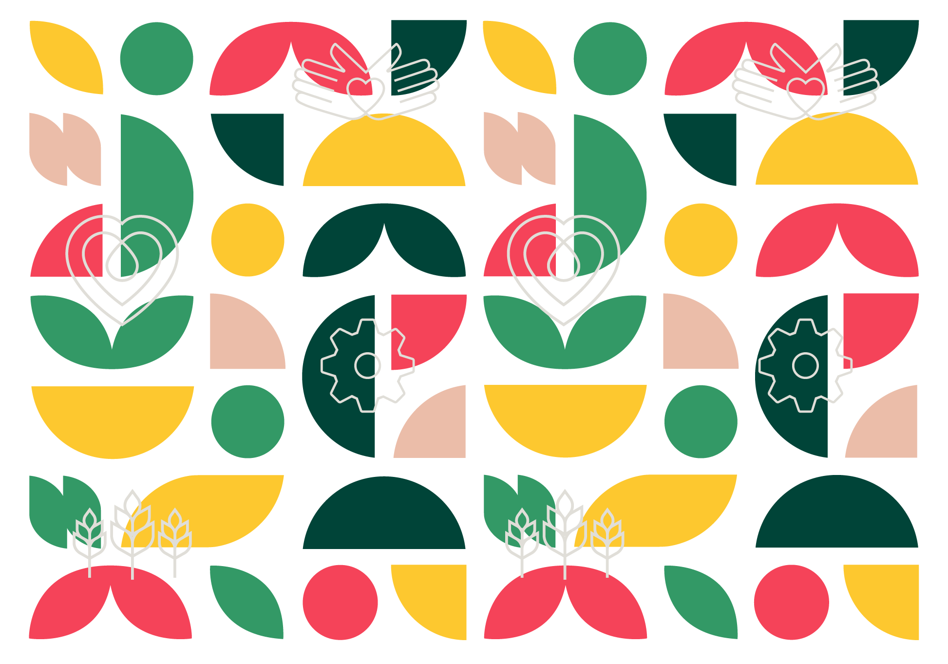 Main 4-H pattern on a white background with added Serve, Grow, Thrive, and Make icons placed among geometric shapes in official 4-H colors: 4-H Green, Sunflower, Tomato, Kale, and Cherry Blossom.